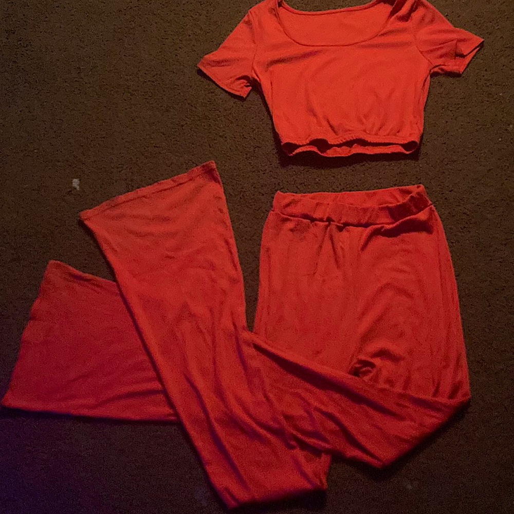 Red 2 piece, Crop top & Flare Pants